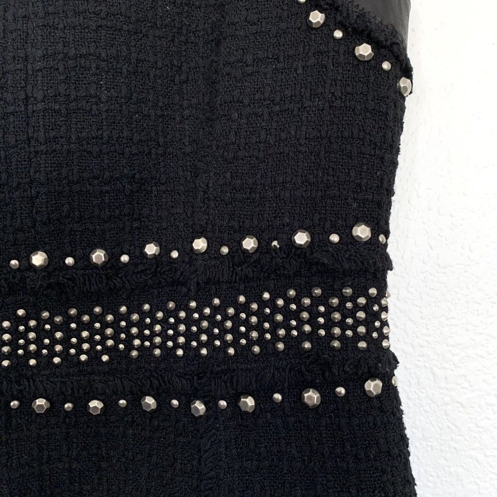 Rebecca Taylor Dress Black Tweed Studded Sleeveless Lamb Leather Fray - Picture 8 of 12